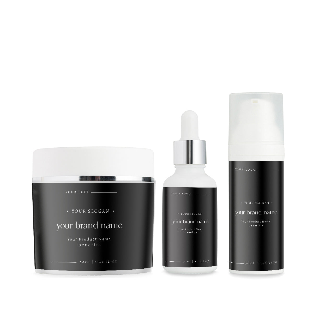 3 black, unbranded skincare containers for white and private label cosmetics