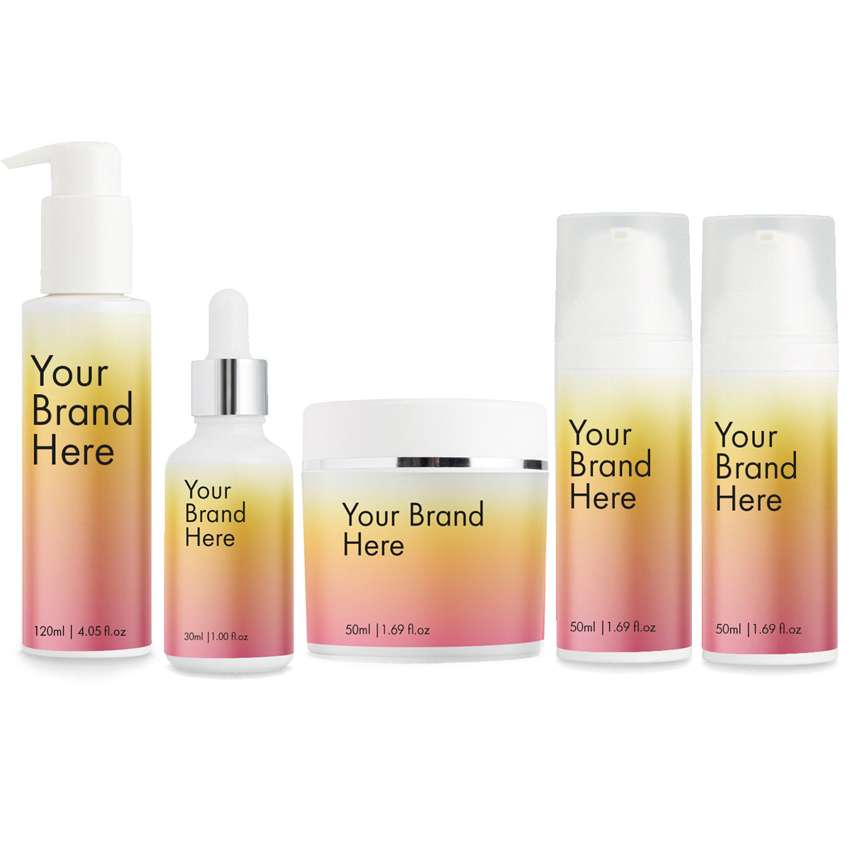 Set of 5 colorful, unbranded skincare containers for a white label sample set